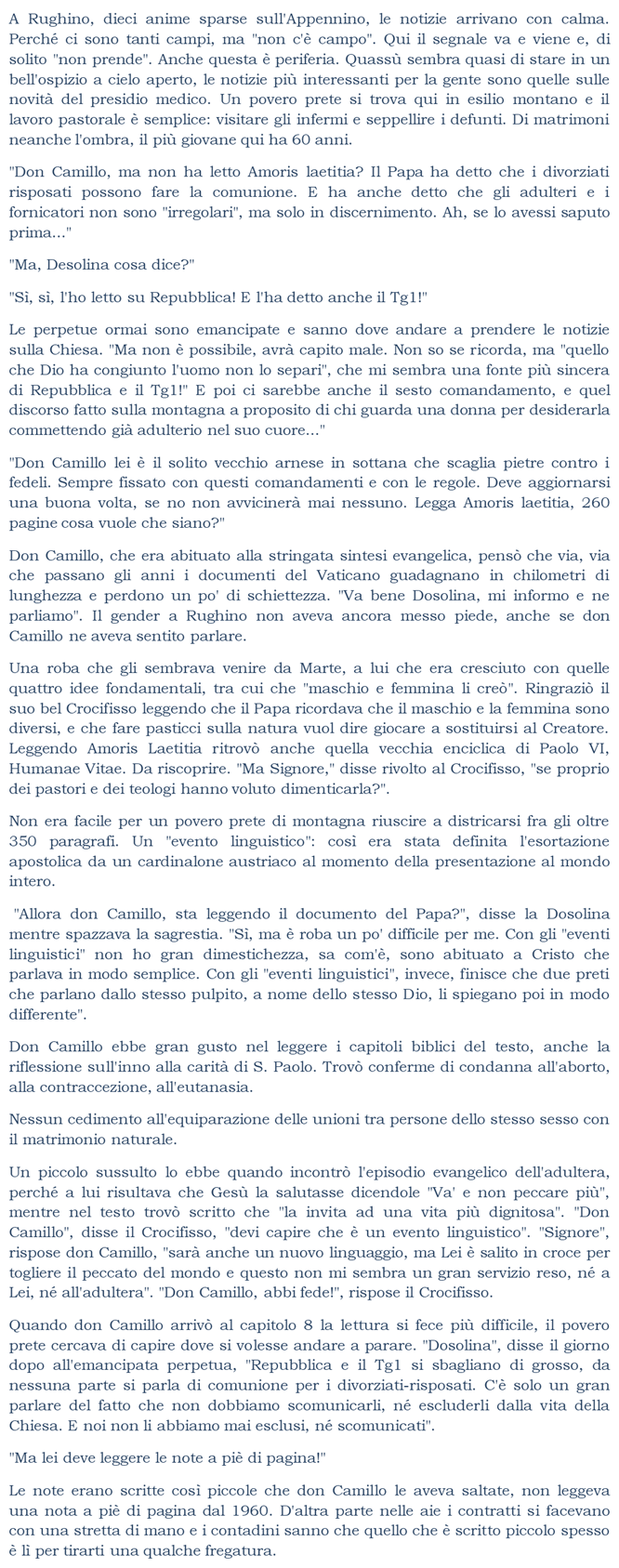 "Don Camillo, ma non ha letto Amoris laetitia? Il Papa ha detto che i divorziati risposati possono fare la comunione... 